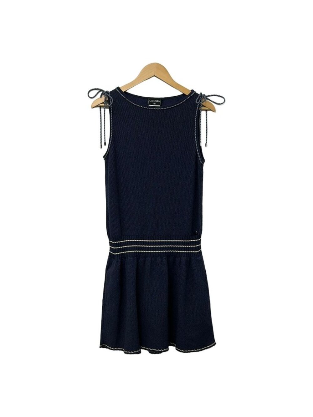 Chanel Dress 42 L Navy White Sleeveless Mini Knit Boat Neck Ribbon